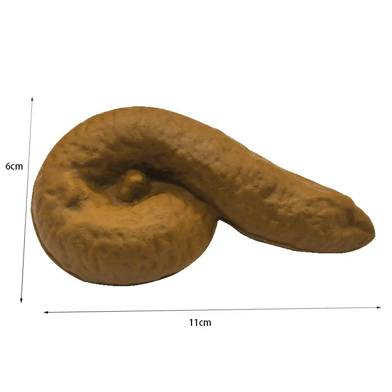 Brown snake-shaped prank toy, squishy texture, about 11 cm long.