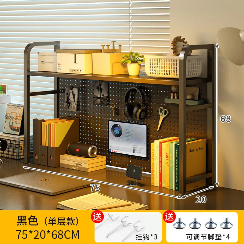 Black pegboard storage organizer cabinet with multiple shelves and hanging hooks