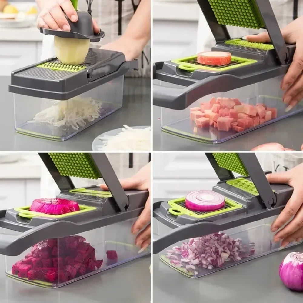 Vegetable chopper slicer in use, gray base with green grating plate and clear container