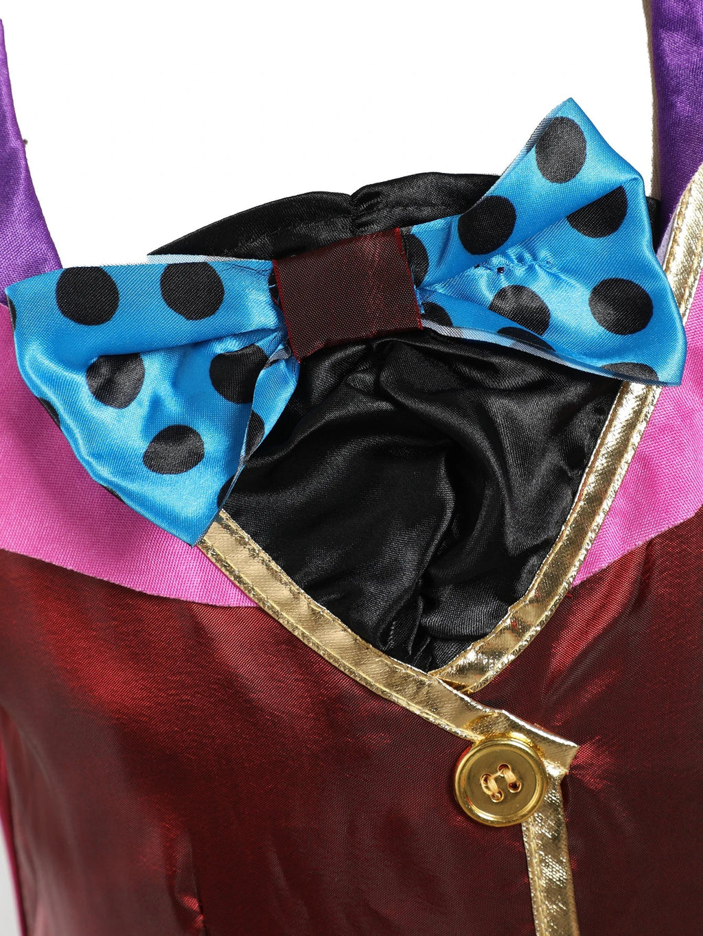 Blue polka-dot bow tie with gold-trim neckline on burgundy satin girls costume dress