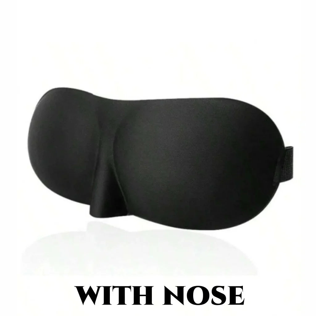 Black contoured sleep eye mask with nose cutout and adjustable strap