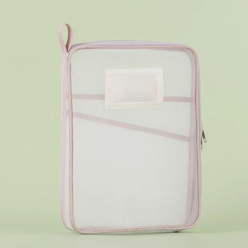 Pink A4 double-layer mesh zipper storage bag with front ID pocket