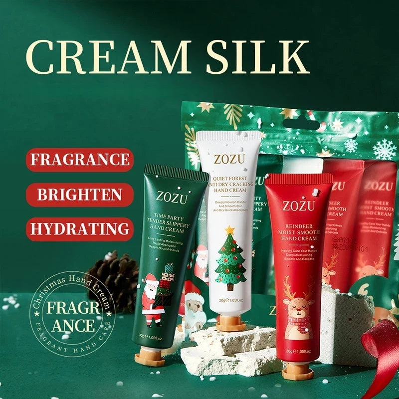 Five-piece hand cream set with assorted green, white, and red tubes in gift pack