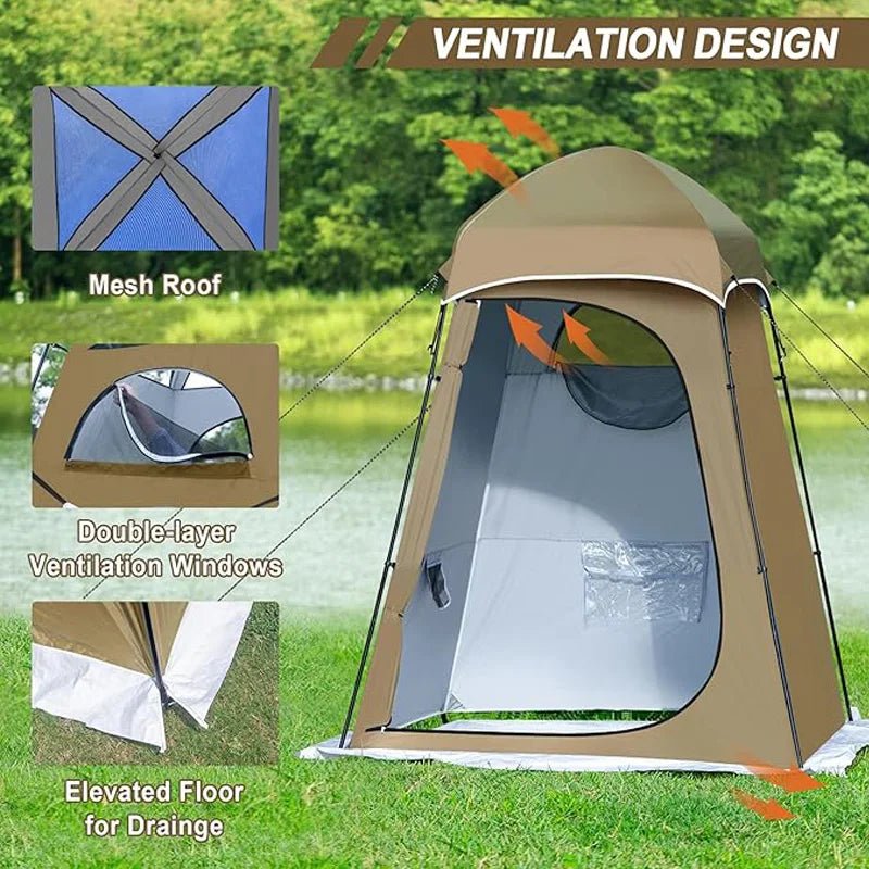 Olive shower tent with front mesh window, ventilation openings, and elevated base.