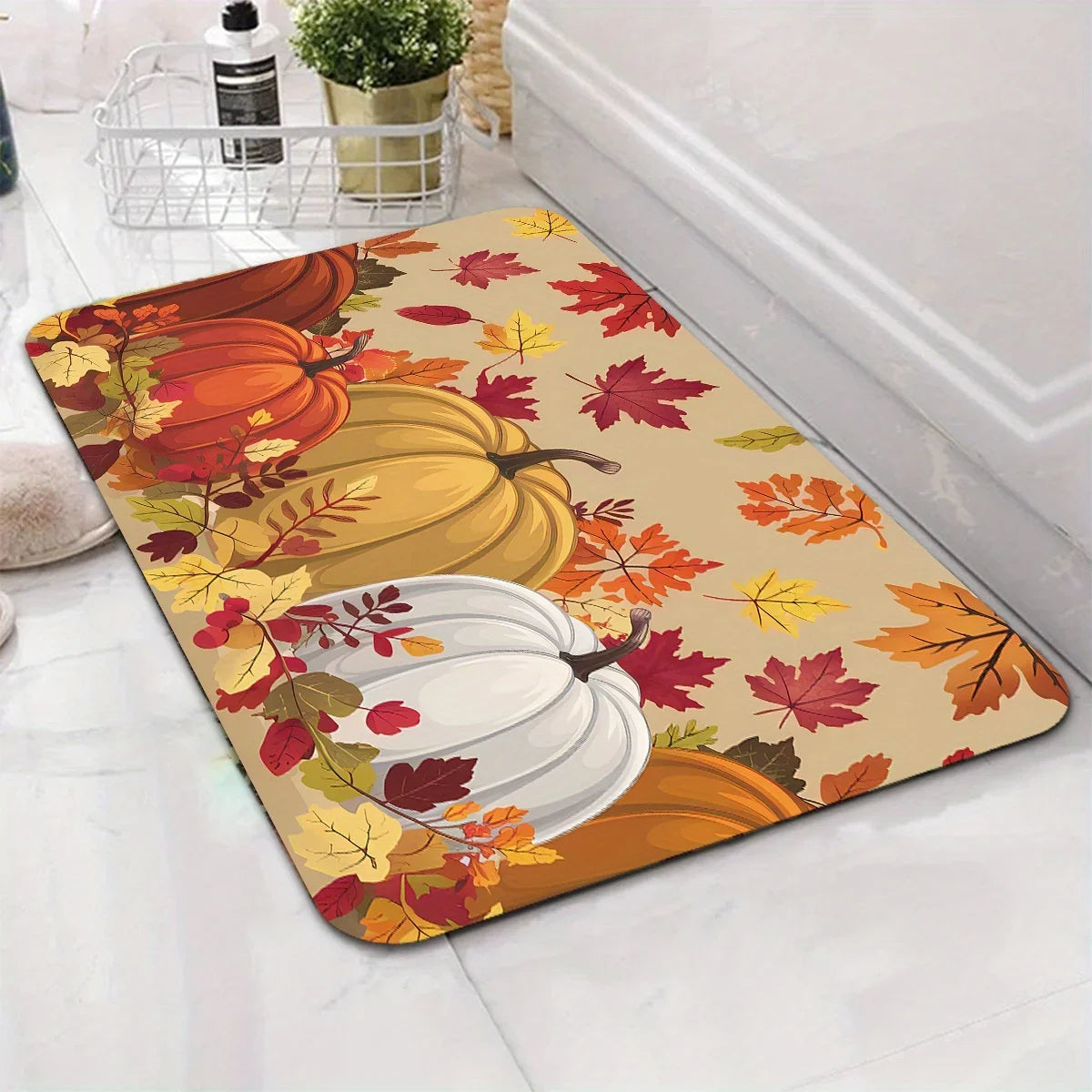 Rectangular pumpkin and fall leaves rug, warm orange red yellow palette for kitchen flooring