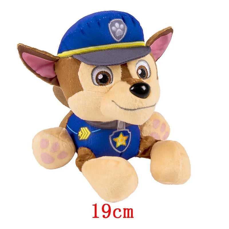 Brown plush puppy doll in blue uniform hat, round eyes and paw pads
