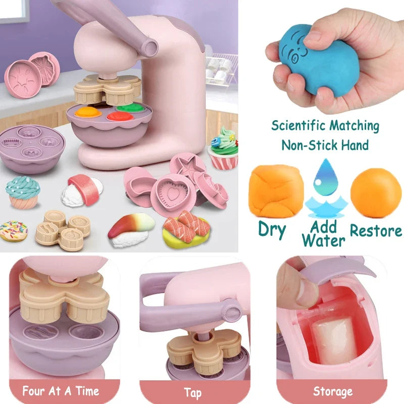 Pink clay noodle maker with cupcake molds, stamp discs, and storage tray accessories