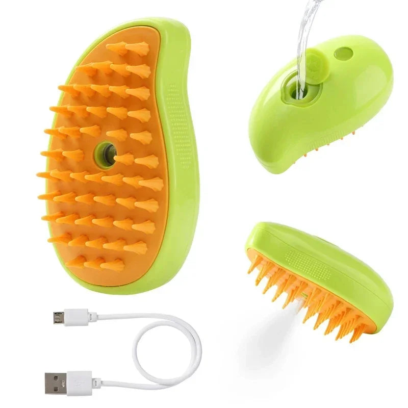Green and orange pet steam grooming brushes set, two comb heads with USB cable