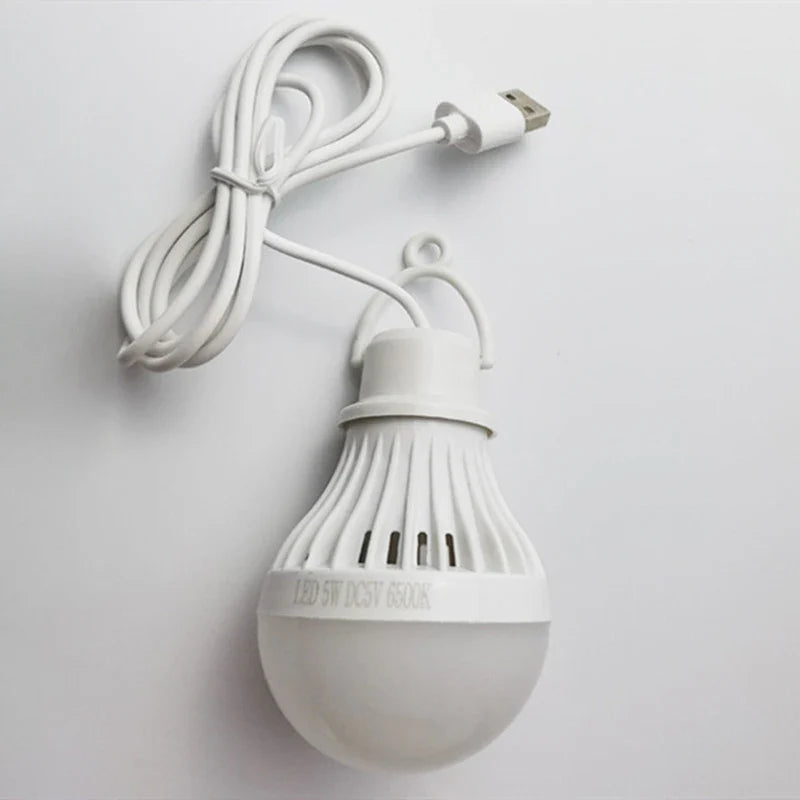 USB LED lantern with top hook, USB plug cord, and vented bulb housing