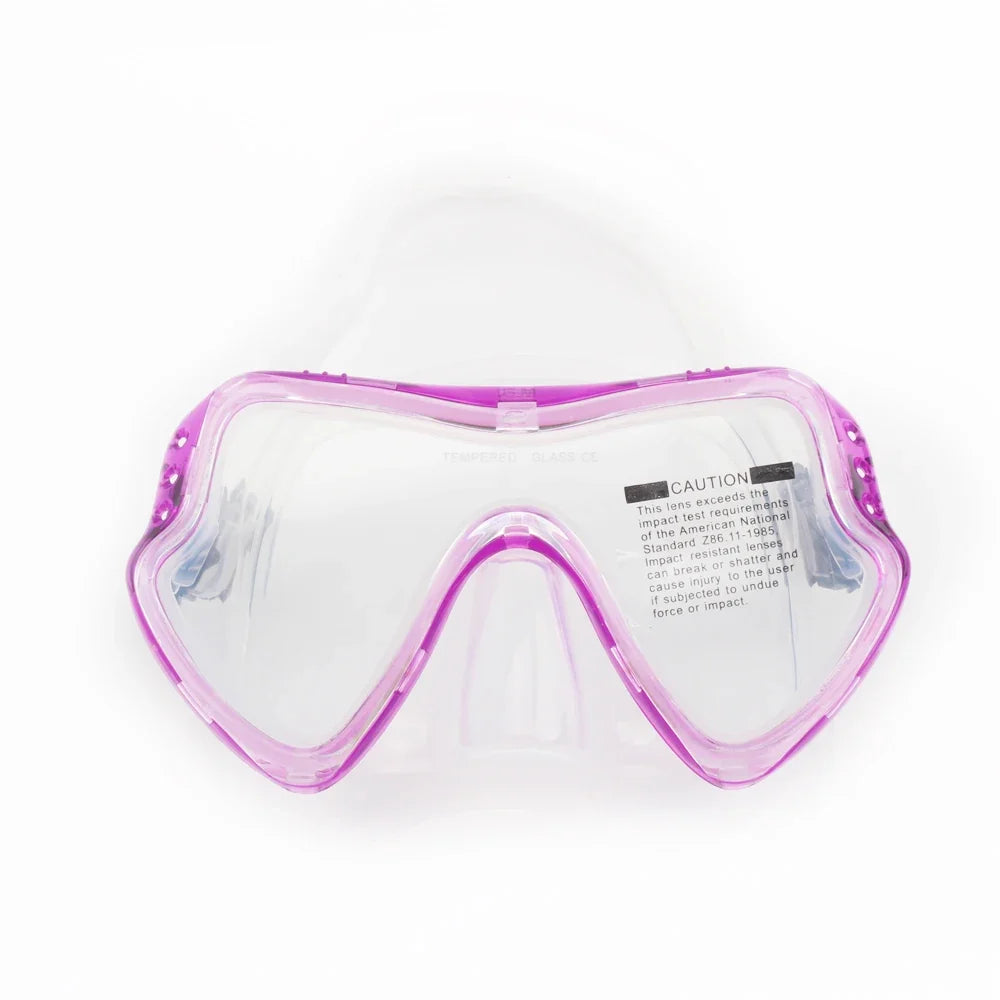 Purple silicone diving goggles with clear tempered lenses and anti-fog design
