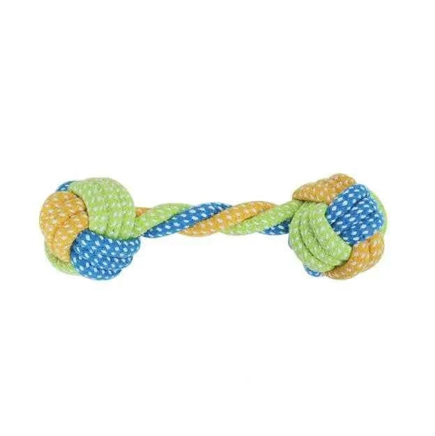 Braided cotton rope dog toy in green, blue, and tan with two ball knots