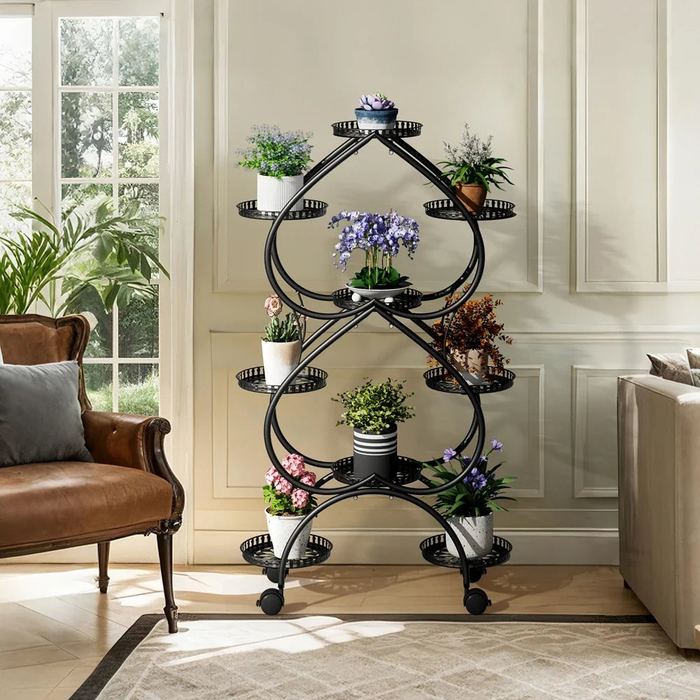 Black iron 9-pot rolling plant stand with curved circular trays and caster wheels