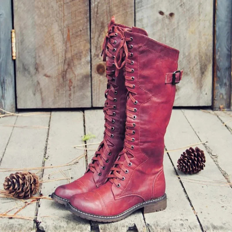 Women’s lace-up knee-high boots, flat sole, maroon PU leather with side buckle