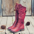 Women’s lace-up knee-high boots, flat sole, maroon PU leather with side buckle