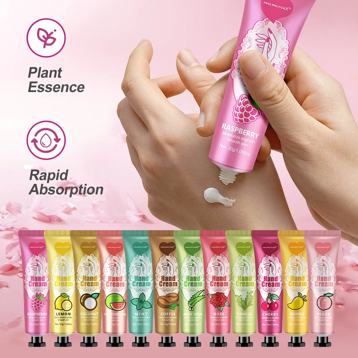 Hand holding raspberry hand cream & lip balm tube with mini tube lineup below