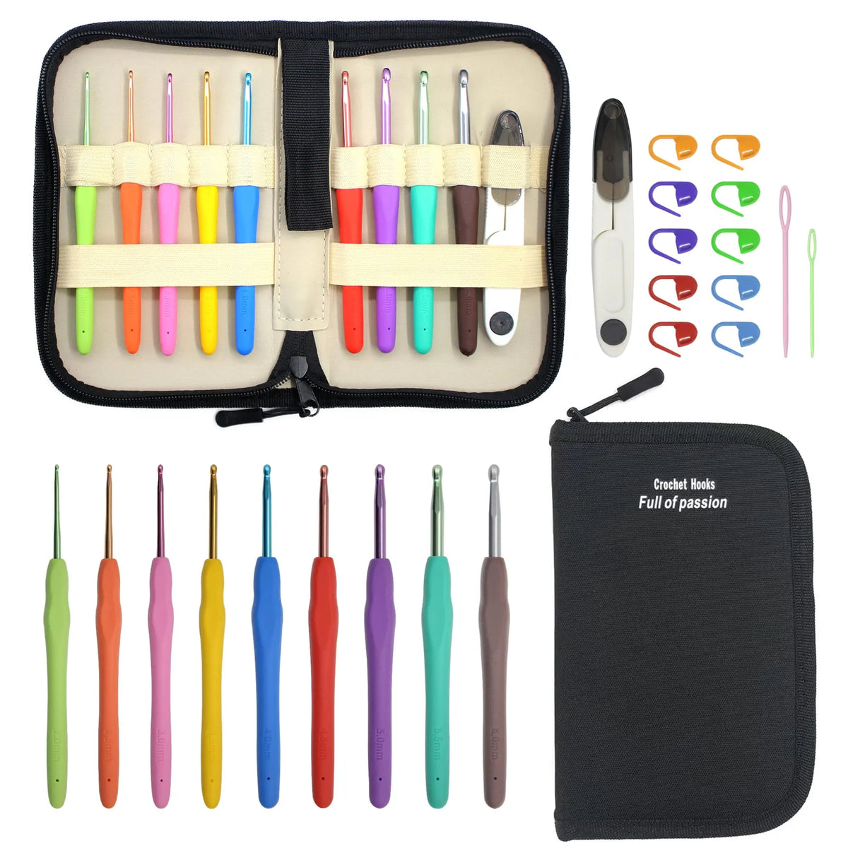 Crochet kit with multicolor yarn, hooks, and tools in a zippered storage pouch