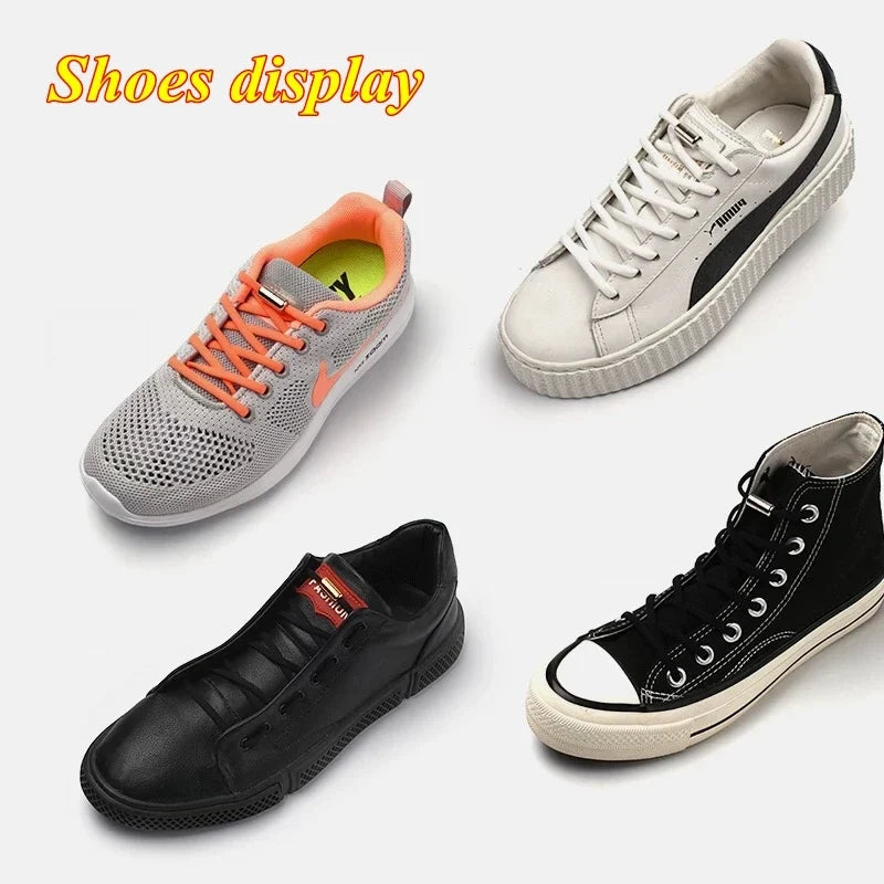 Elastic no-tie laces shown on four sneakers in orange, white, black, and navy