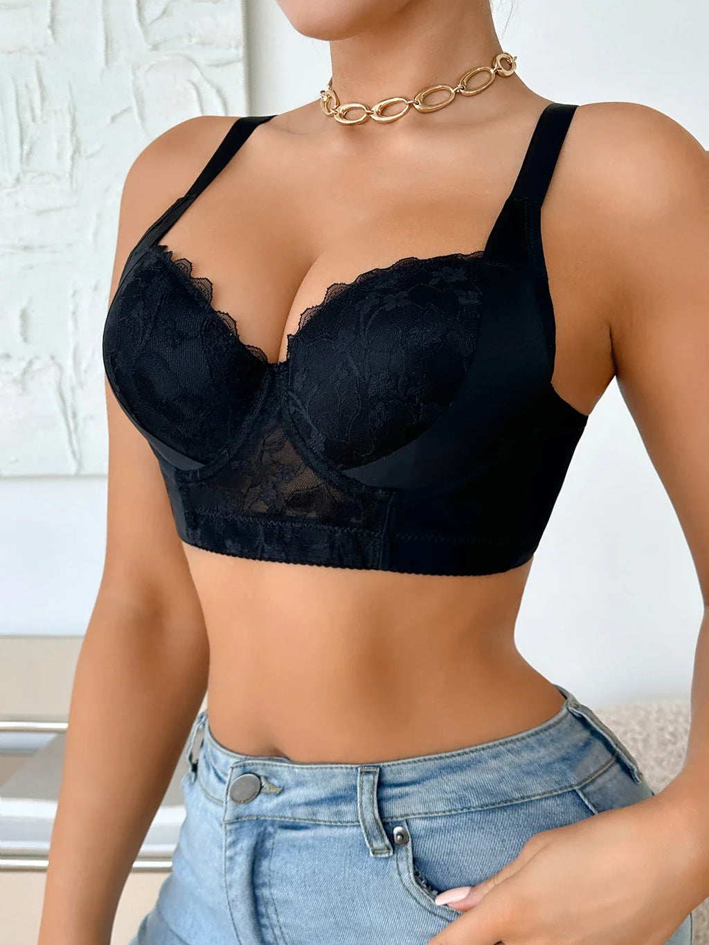 Black lace push-up bra with scalloped cups and comfortable underband