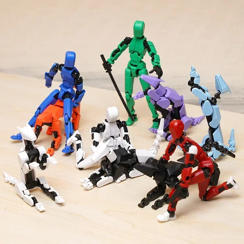 Multi-jointed robot action figures with dog figure, assorted colors in a group