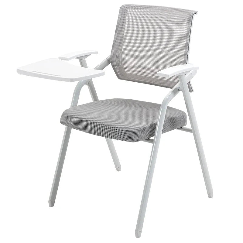 Foldable training chair with desk board, light gray mesh back and gray seat, white arms.