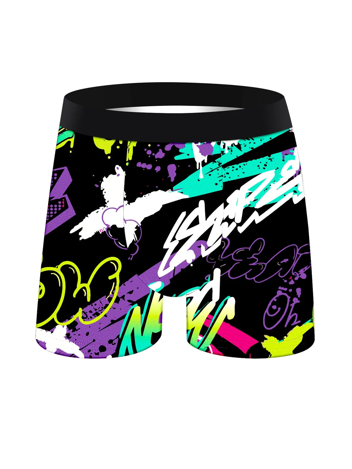 Men's boxer briefs with purple and turquoise graffiti print, black waistband