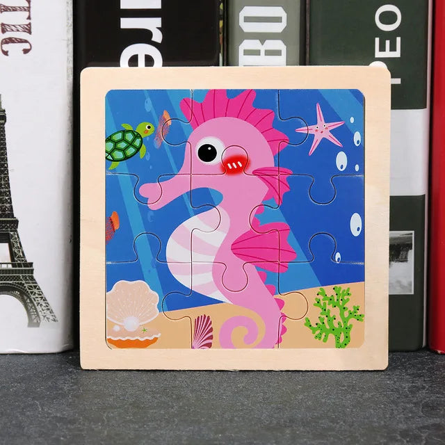 Wooden tangram jigsaw puzzle with cartoon pink sea creature pieces in a square frame