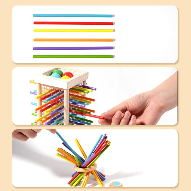 Wooden stick game set overview: colorful sticks, tower, and hand placement