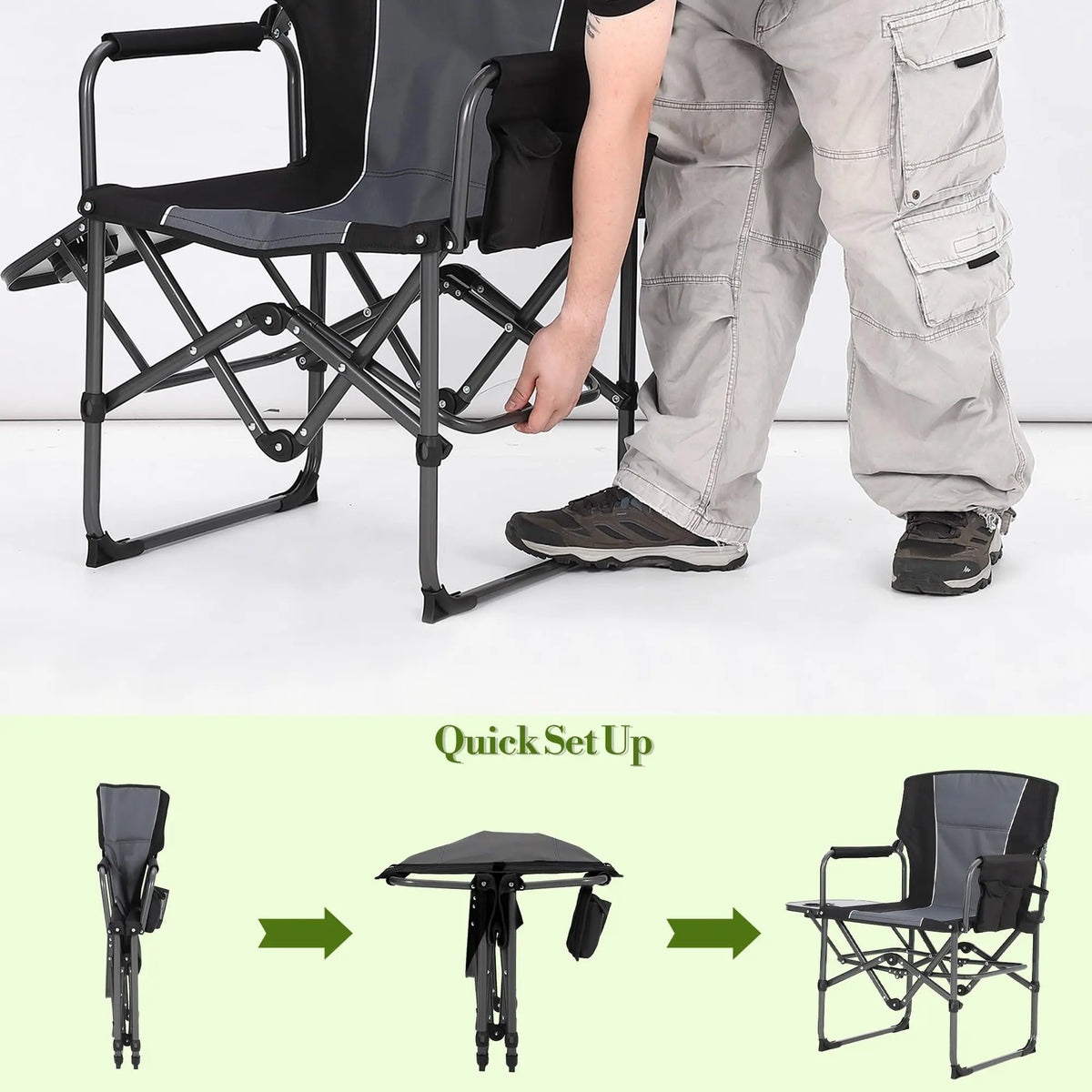 Folding director camping chair in open position with armrests and side storage pockets
