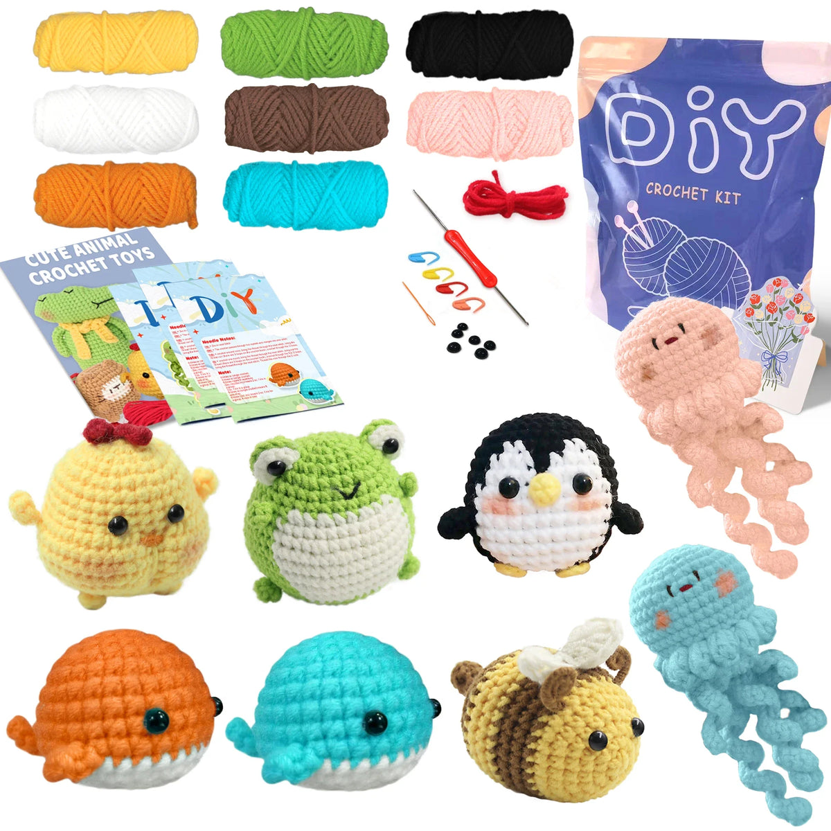 Crochet animal kit with multiple small plush animals, yarn colors, and DIY supplies