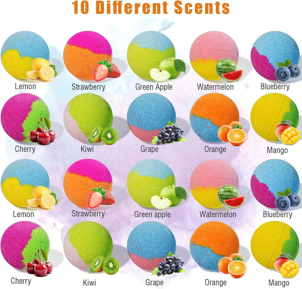 Assorted round bath bombs in bright fruit colors, multiple scent options