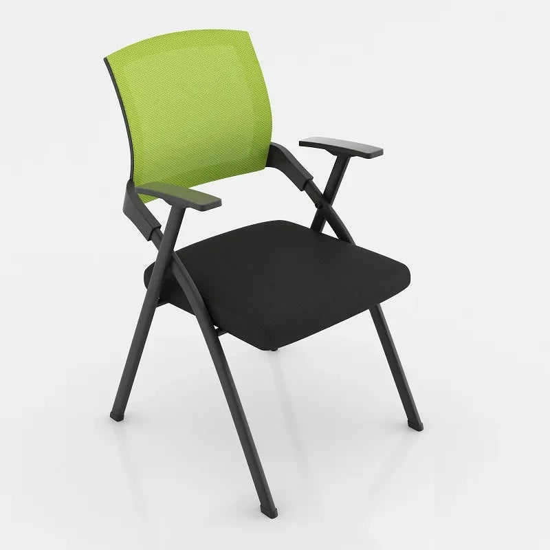 Folding training chair with desk board, green mesh back, black cushioned seat, black frame