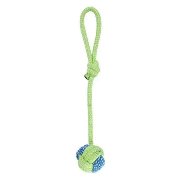 Cotton rope dog toy with long green rope and blue-and-green ball knot