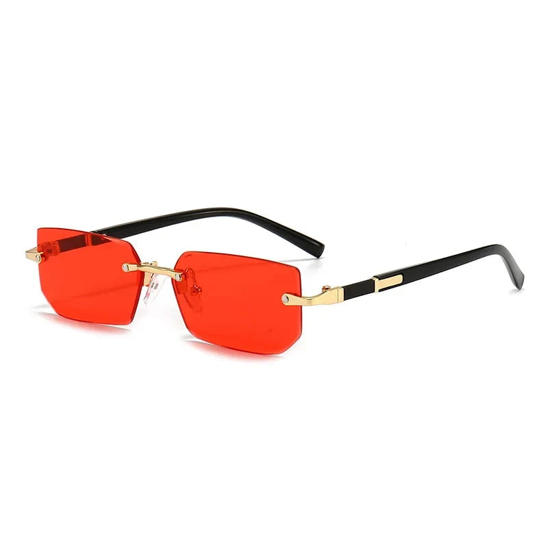 Rimless rectangle sunglasses with bright red lenses, black arms, gold hardware