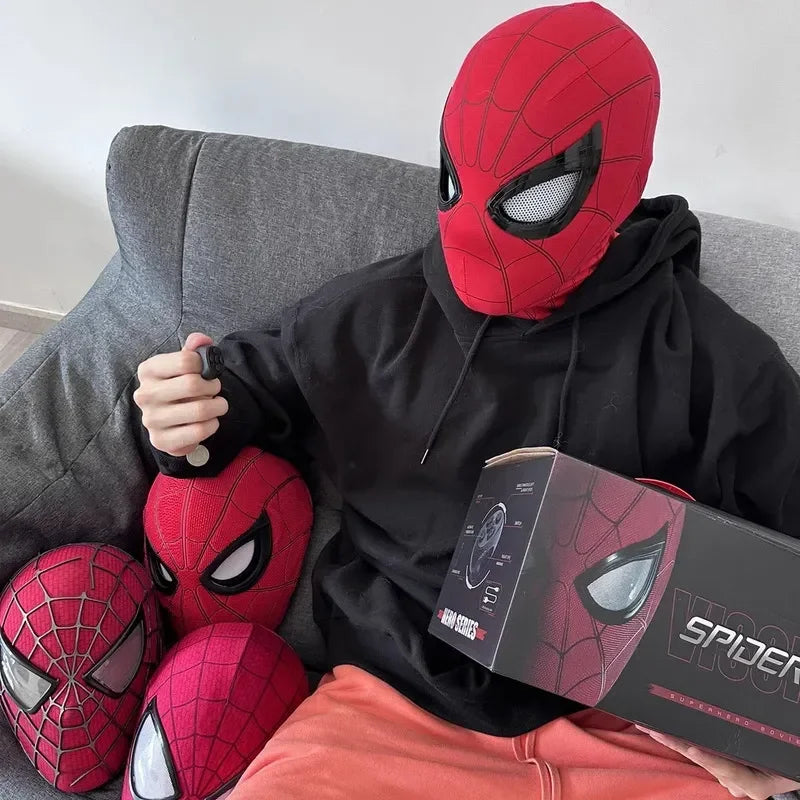 Red Spider-Man electronic mask with blinking glowing eye mesh panels