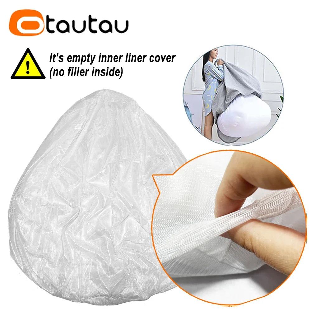 White empty inner liner mesh cover detail inside bean bag pouf shell
