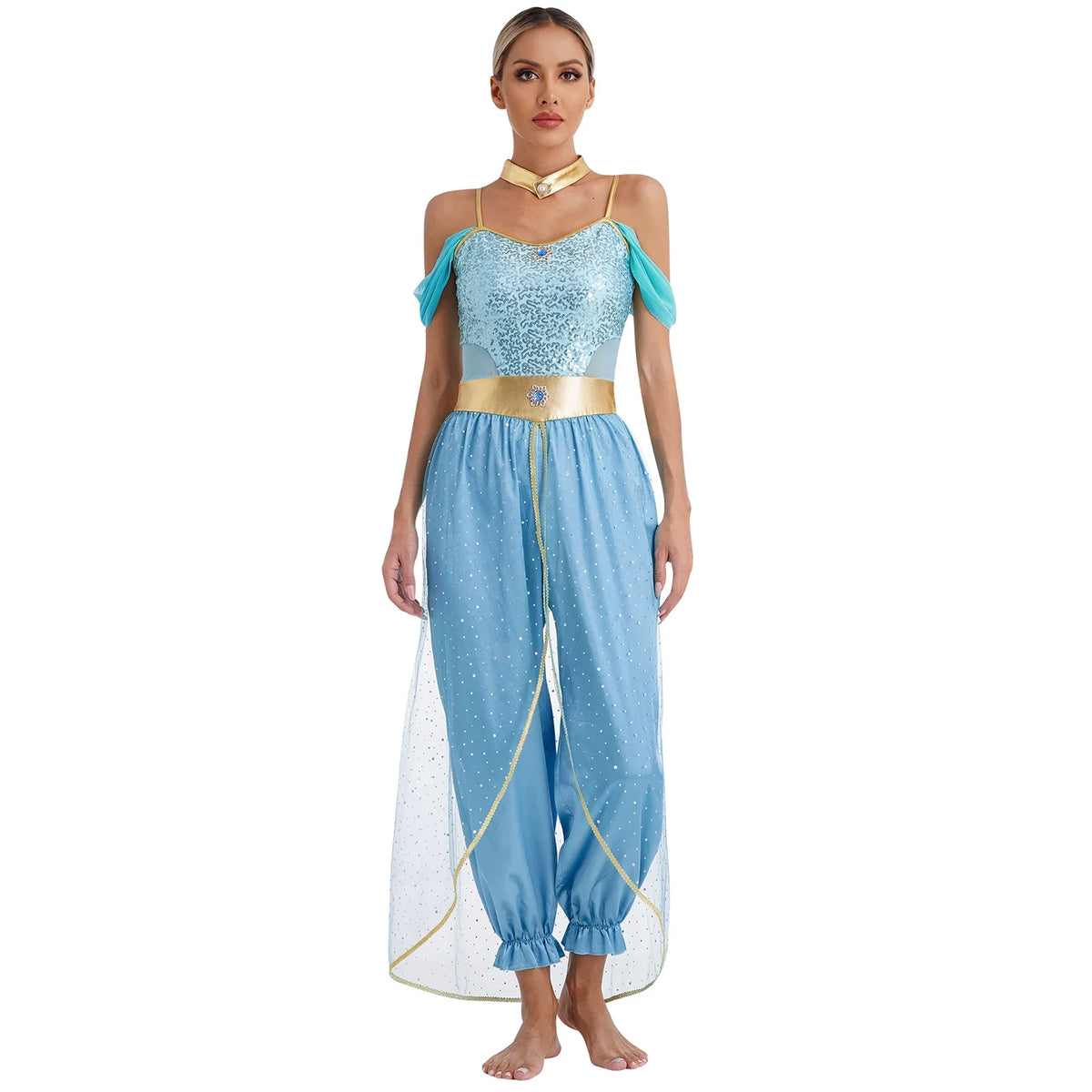 Turquoise sequined off-shoulder belly dancer costume with gold trim and harem pants
