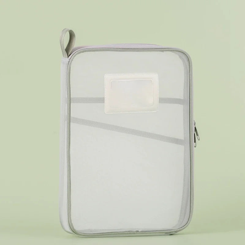 Gray A4 double-layer mesh zipper storage bag with front ID window
