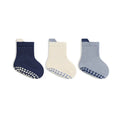 Kids cotton crew socks set: navy, cream, and light blue with non-slip dot grippers