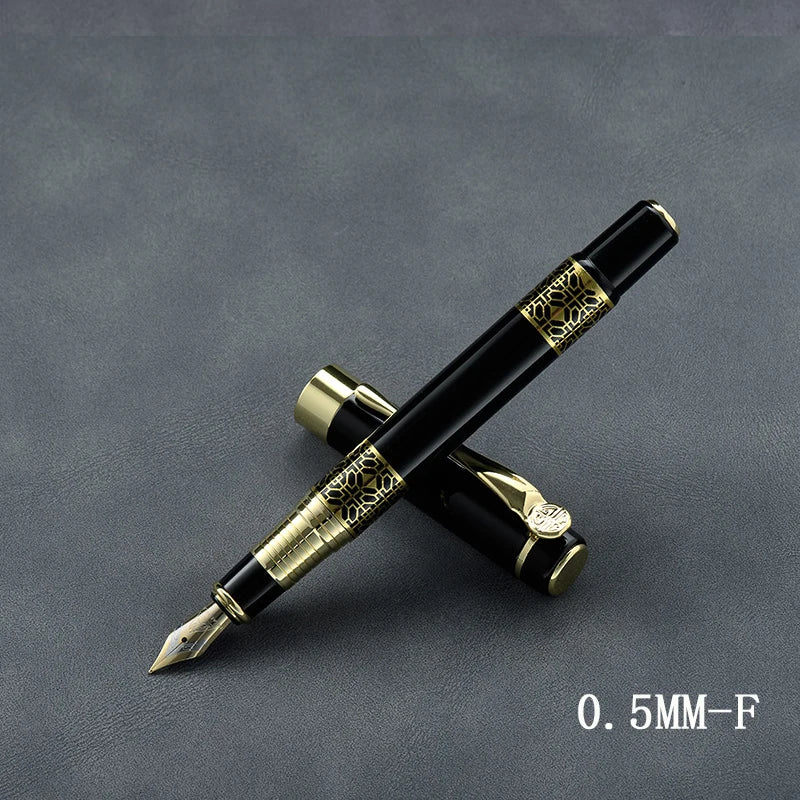 Retro black fountain pen with gold patterned grip and metal nib, 0.5mm F