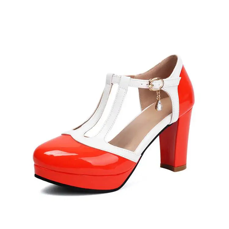 Color-block women’s high-heel shoes with round toe, white straps, red glossy upper