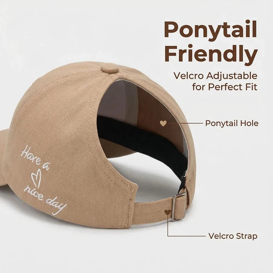 Beige kids baseball cap with ponytail hole and Velcro adjustable strap