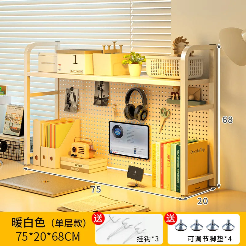 White multi-tier pegboard desk organizer shelf with side rails and hanging hooks