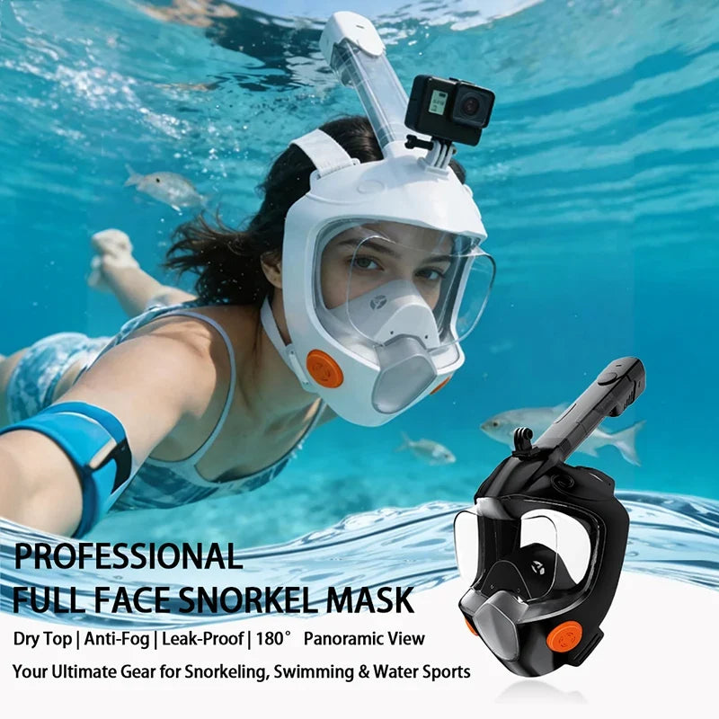 White full-face snorkel mask with clear visor and attached snorkel