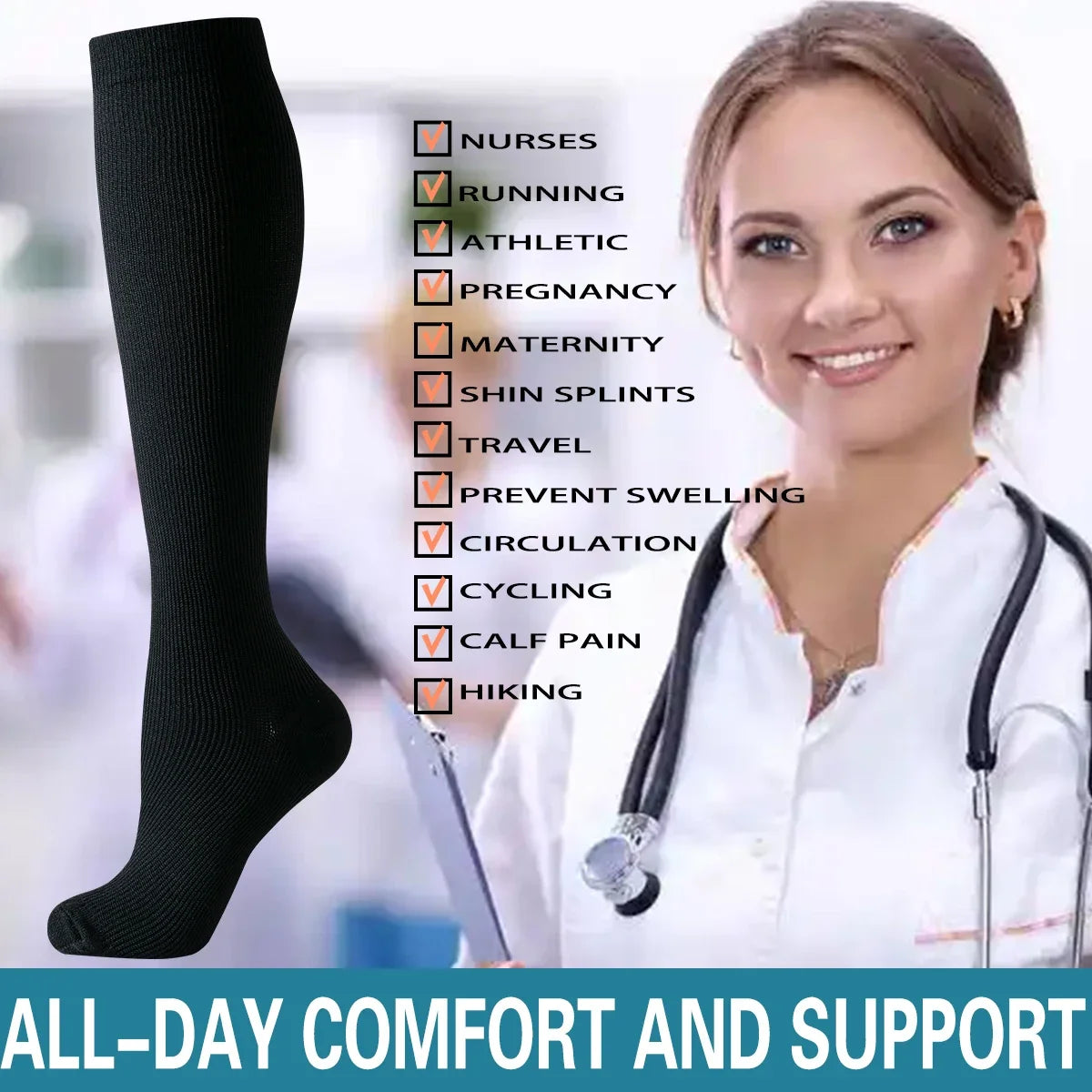 Black knee-high compression sock, ribbed knit over-calf