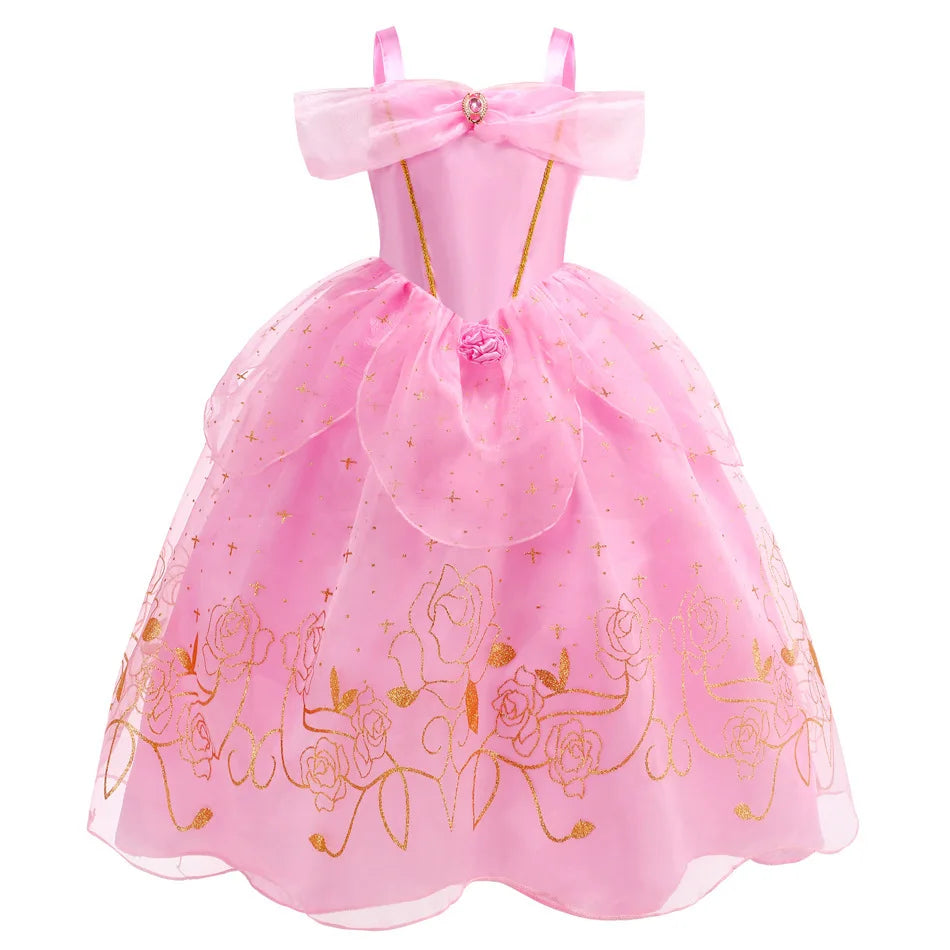 Pink princess cosplay dress for kids with bow straps and layered tulle skirt