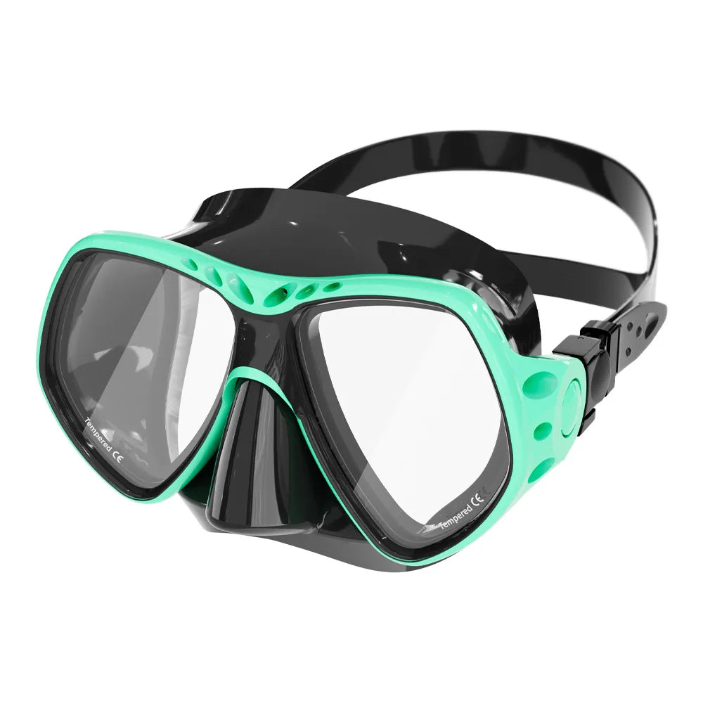 Teal silicone scuba diving mask goggles with tempered glass lenses and anti-fog design