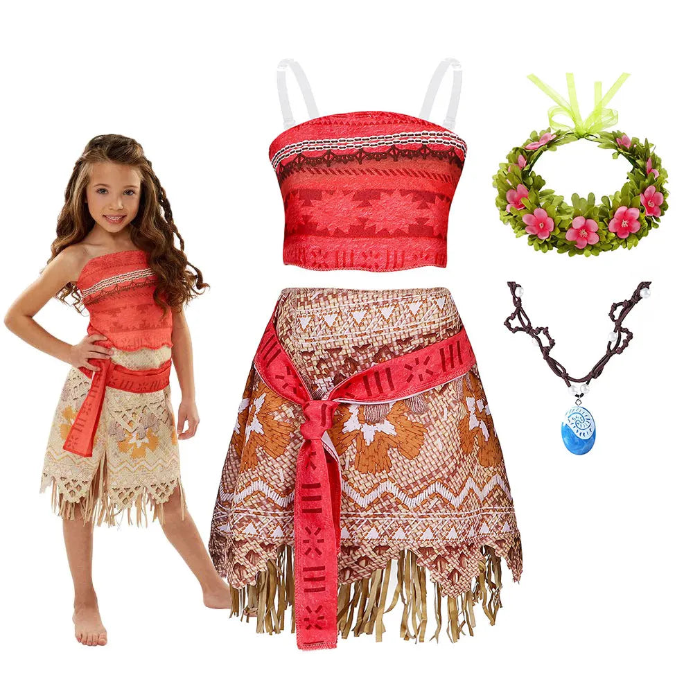 Girls two-piece island princess costume: red patterned top and brown fringed wrap skirt.