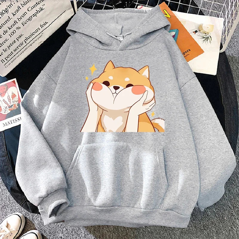 Grey Shiba Inu graphic hoodie with kangaroo pocket and drawstring hood