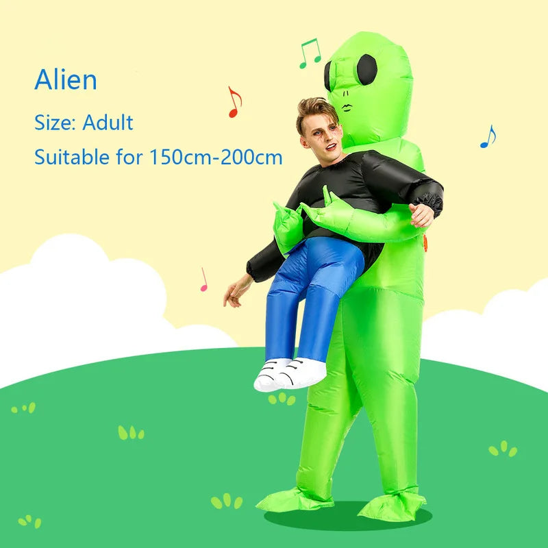 Inflatable green alien suit with oversized head hood, black top, and blue legs.