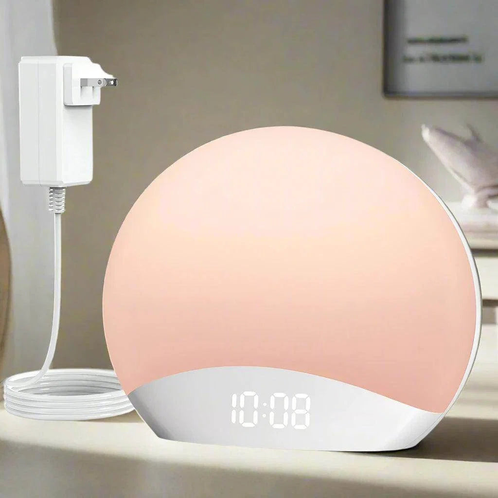 Peach sunrise alarm clock with 00:08 display and wall plug connection